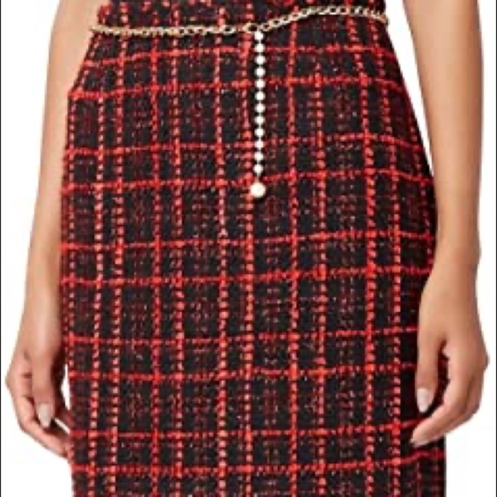 Tahari Metallic Tweed Boucle Pencil Skirt with Gold Chain Belt